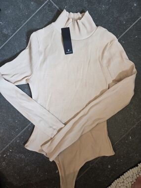 Lulu's Light Beige Ribbed Mock Neck Long Sleeve Bodysuit